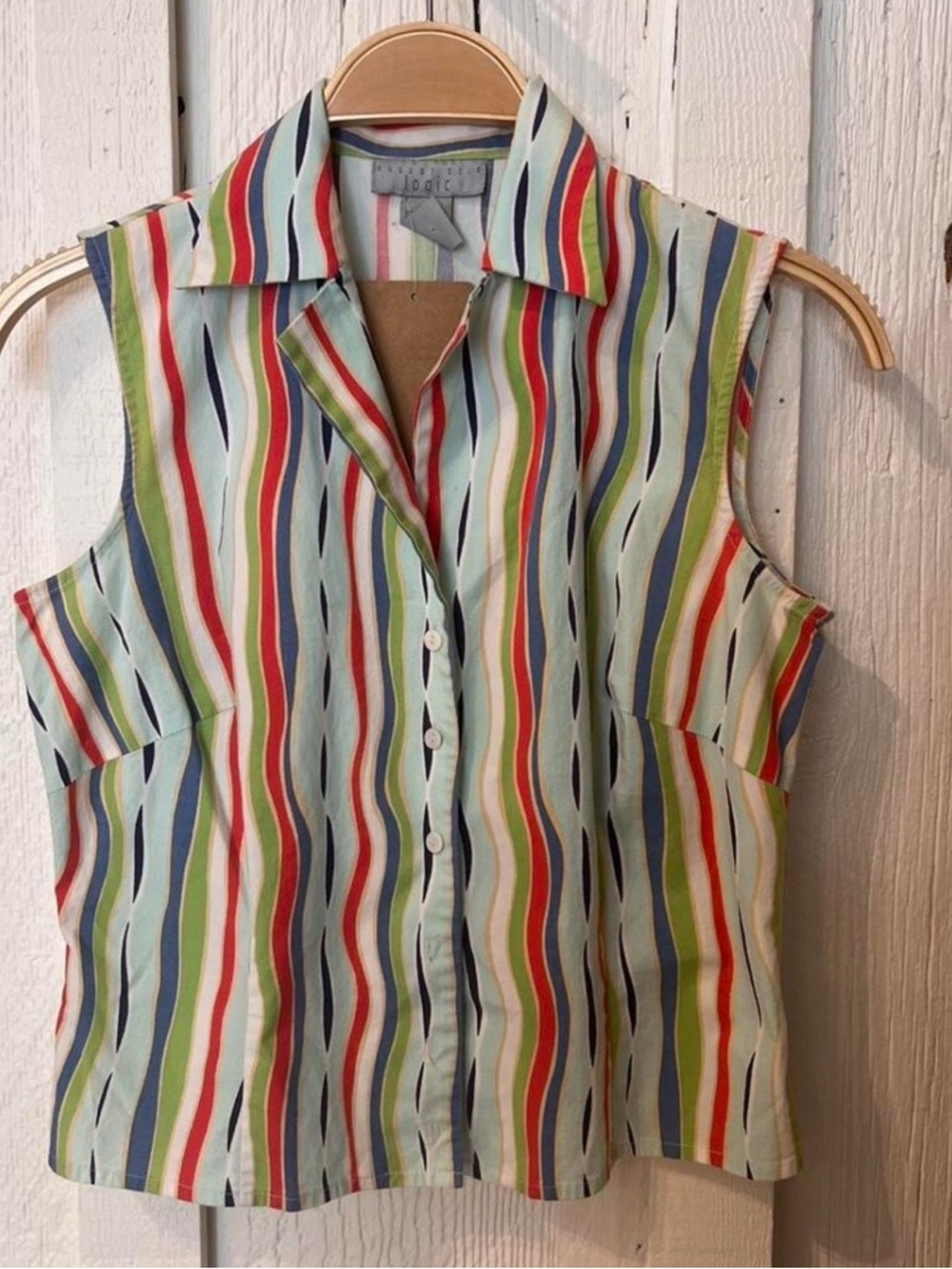 Vintage Abstract Wave Stripe Sleeveless Button-Front Top - Multicolor